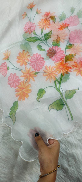 White Color Organza Silk Printed Saree Blouse