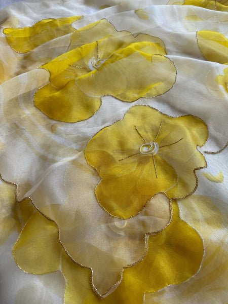 Latest Yellow Color Moti Hand Work Organza Silk Saree Blouse