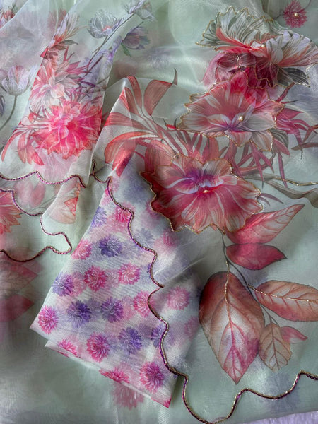 Multi Color Chinon Silk Sequence Printed Saree Blouse