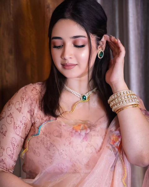 Organza Silk Moti Hnd Work Pirnted Saree Blouse