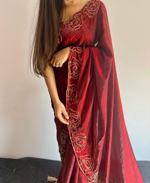 Party Wear Space Silk Cut Work Saree Blouse