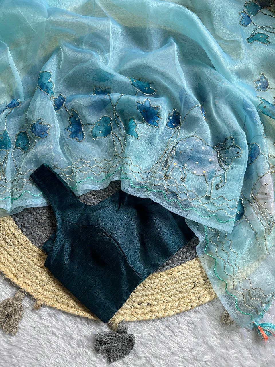 Organza Khatli Work Printed Saree Blouse