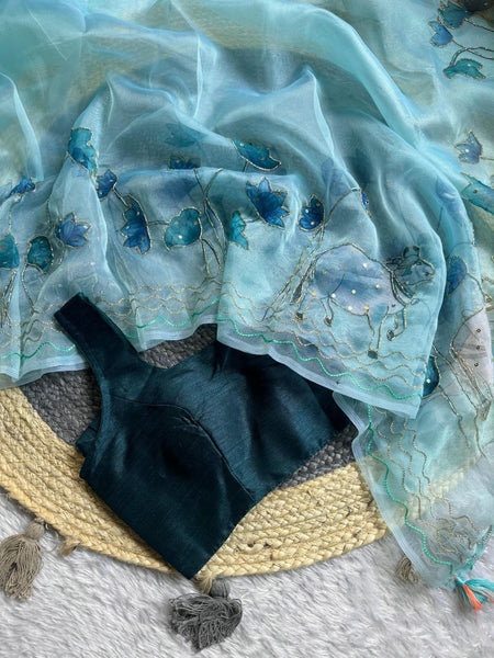 Organza Khatli Work Printed Saree Blouse