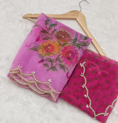 Purple Color Organza Printed Khatli Work Saree Blouse