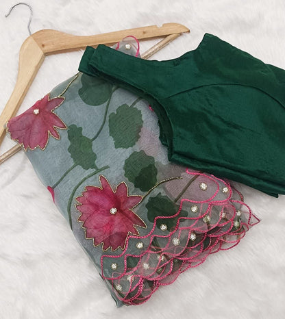 Latest Green Color Moti Khatli Work Organza Saree Blouse