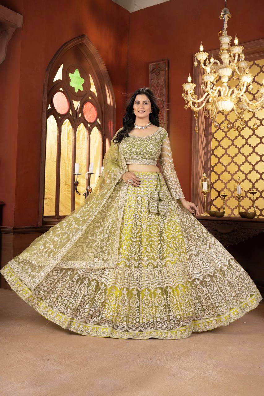Green Color Net Sequence Lehenga Choli