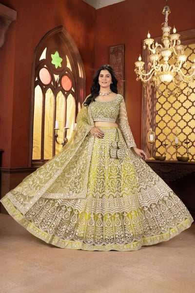 Green Color Net Sequence Lehenga Choli