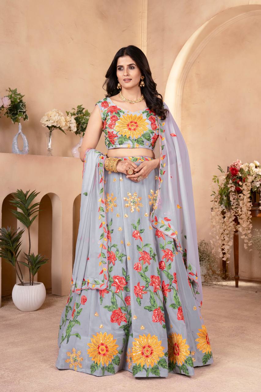 Latest Grey Color Georgette Embroidery Lehenga Choli