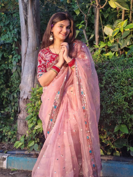 Pink Color Organza Silk Sequence Saree Blouse