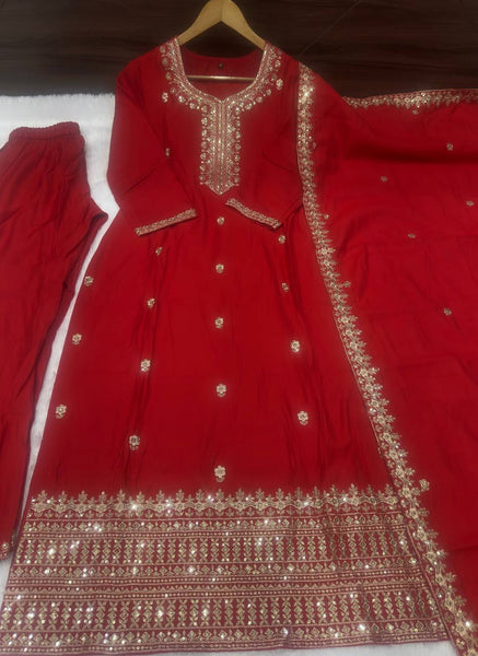 Red Color Roman Silk Sequence Salwar Suit