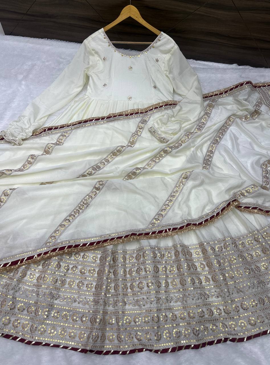 Ville Fashion Women's Off-White Chinon Silk Anarkali Suit with Heavy Sequence Work & Salwar