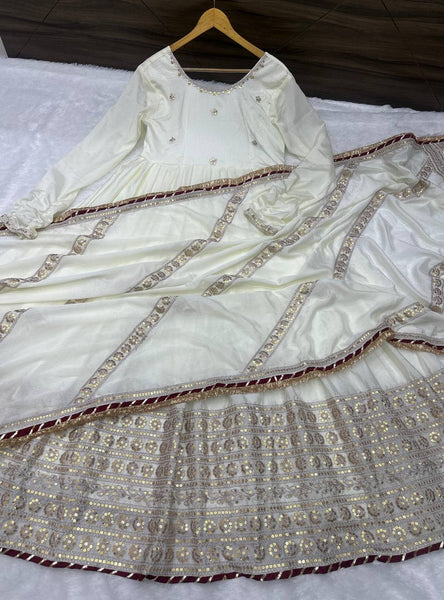 Off White Color Chinon Sequence Anarkali Salwar Suit