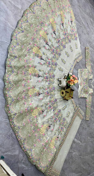 Cream Color Soft Net Coding Sequence Lehenga Choli