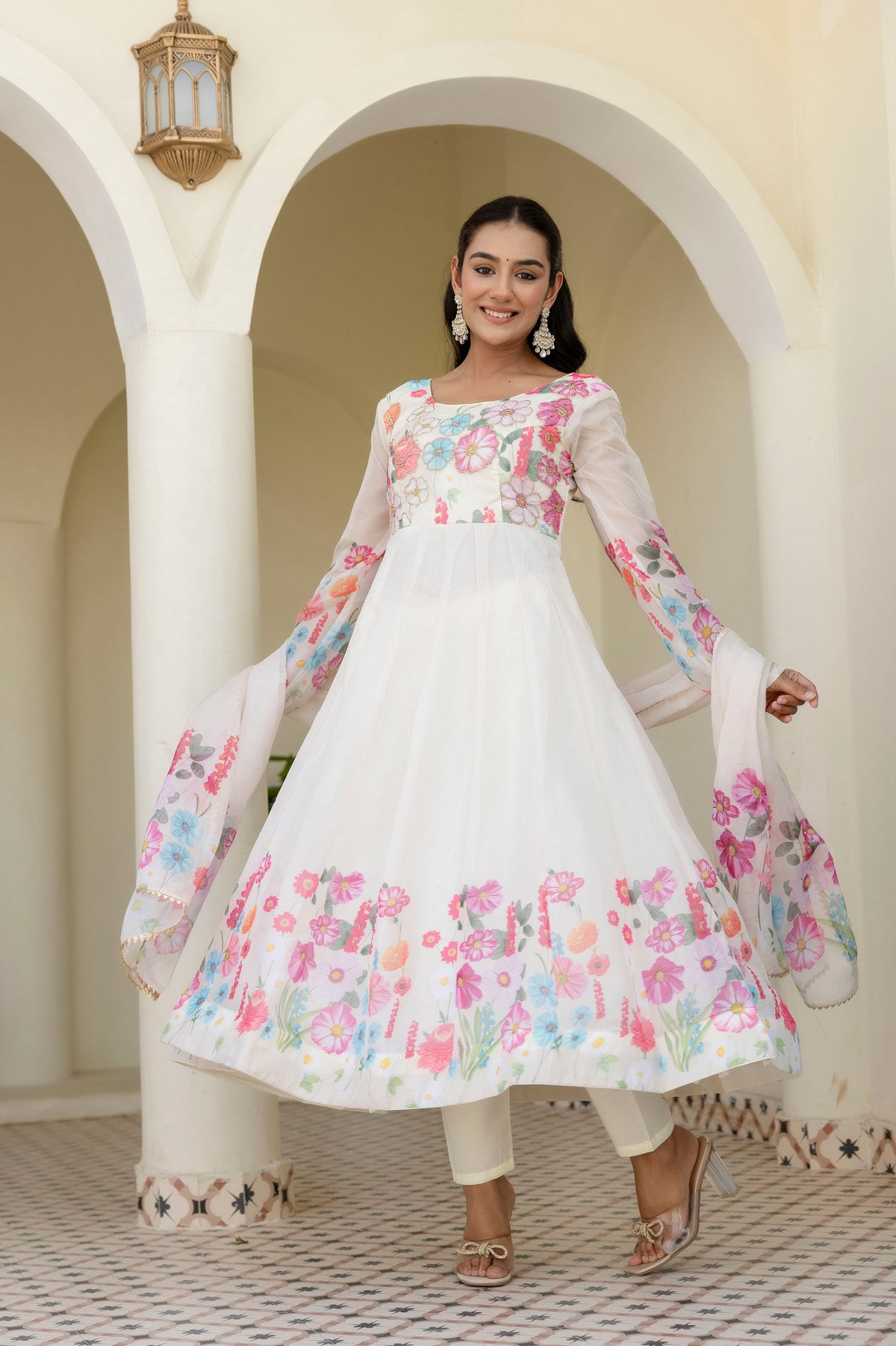 White Color Organza Silk Digital Printed Top Pent Dupatta