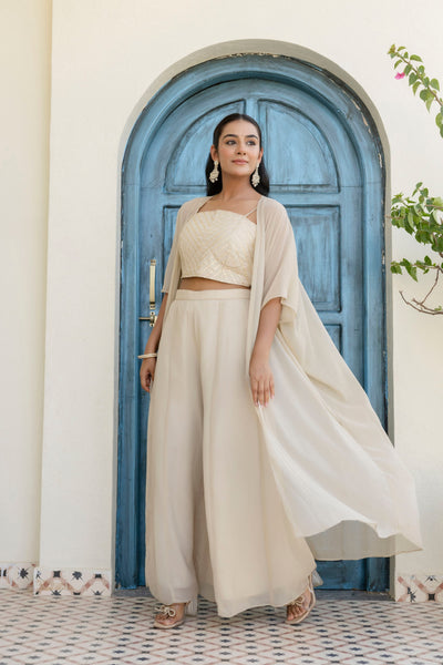 Off White Color Georgette Gotta Patti Plazo Top Shrug