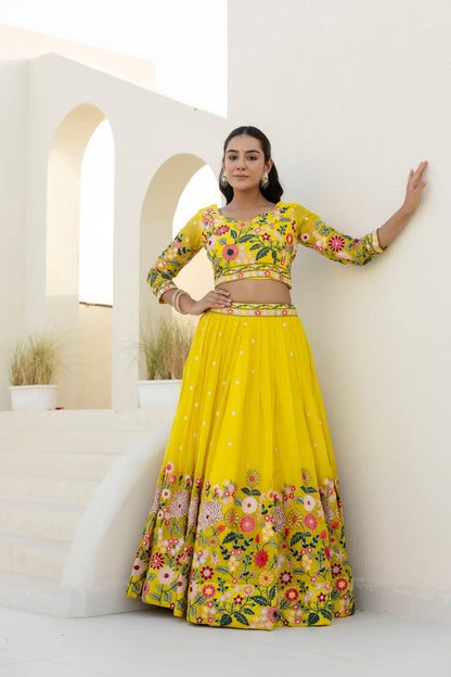 Wedding Wear Yellow Color Organza Sequence Lehenga Choli