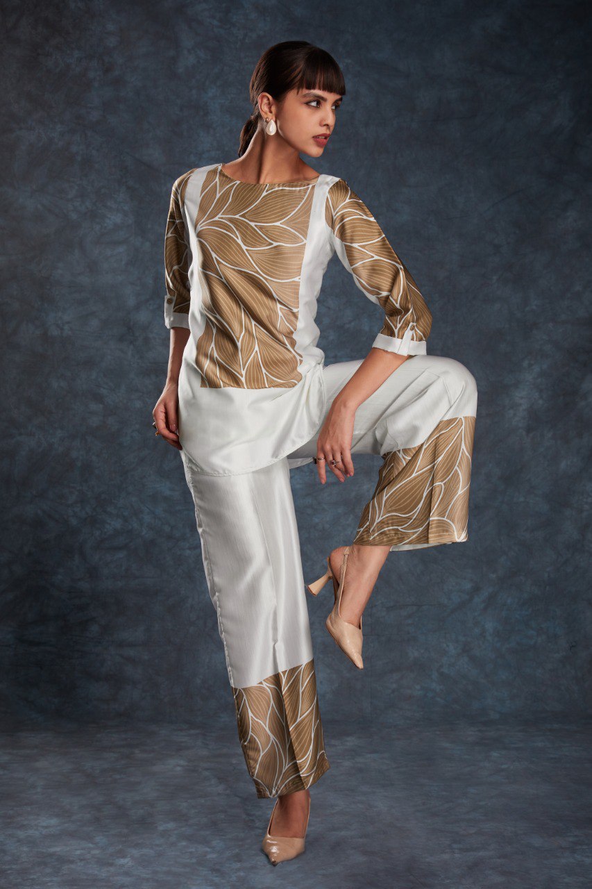 White Color Satin Printed Co-Ord Set