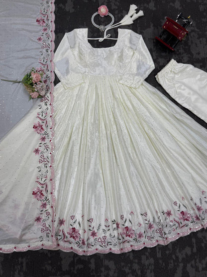 White Color Chinon Silk Top Pent Dupatta