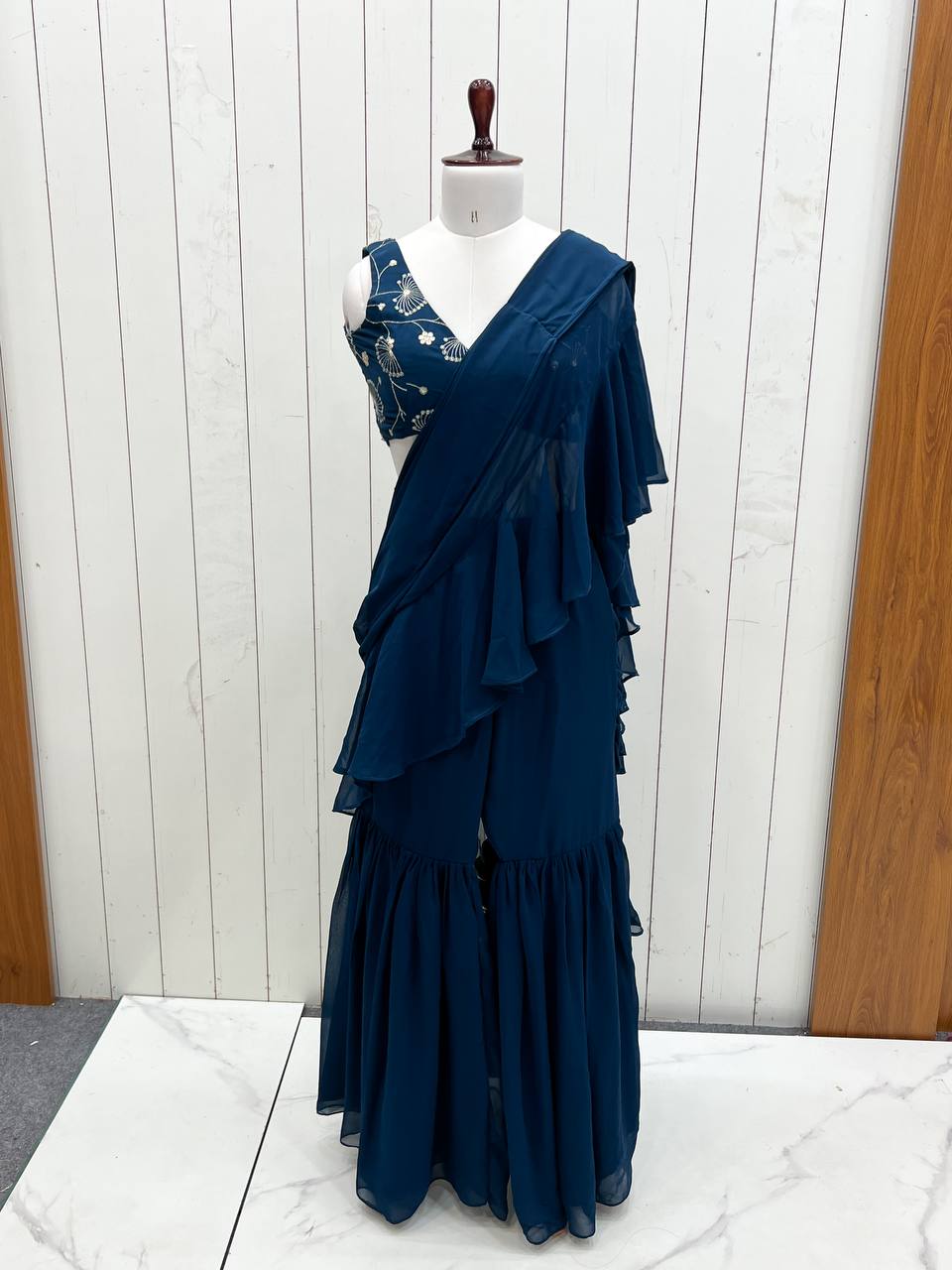 Latest Blue Color Georgette Sharara Saree