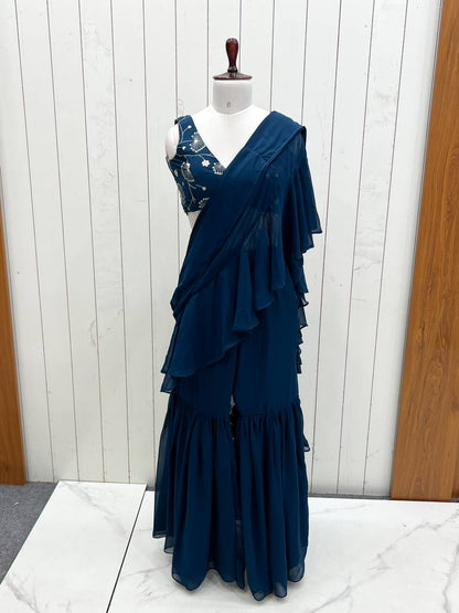 Latest Blue Color Georgette Sharara Saree