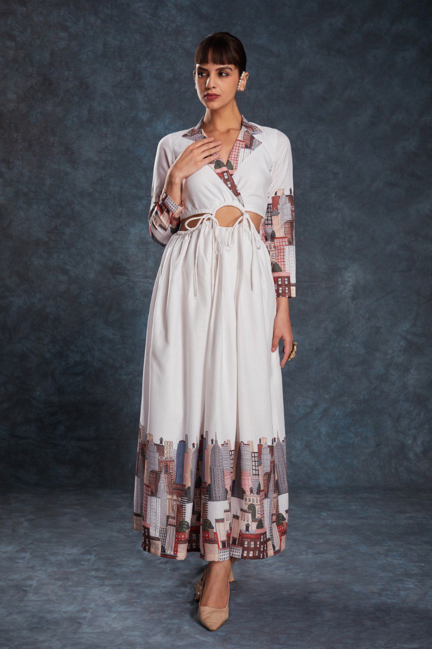 White Color Linen Printed Maxi Gown