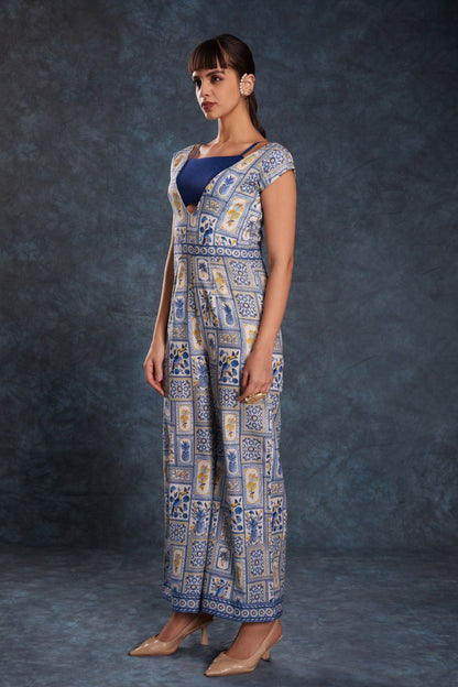 Blue Color Linen Printed Jump Suit