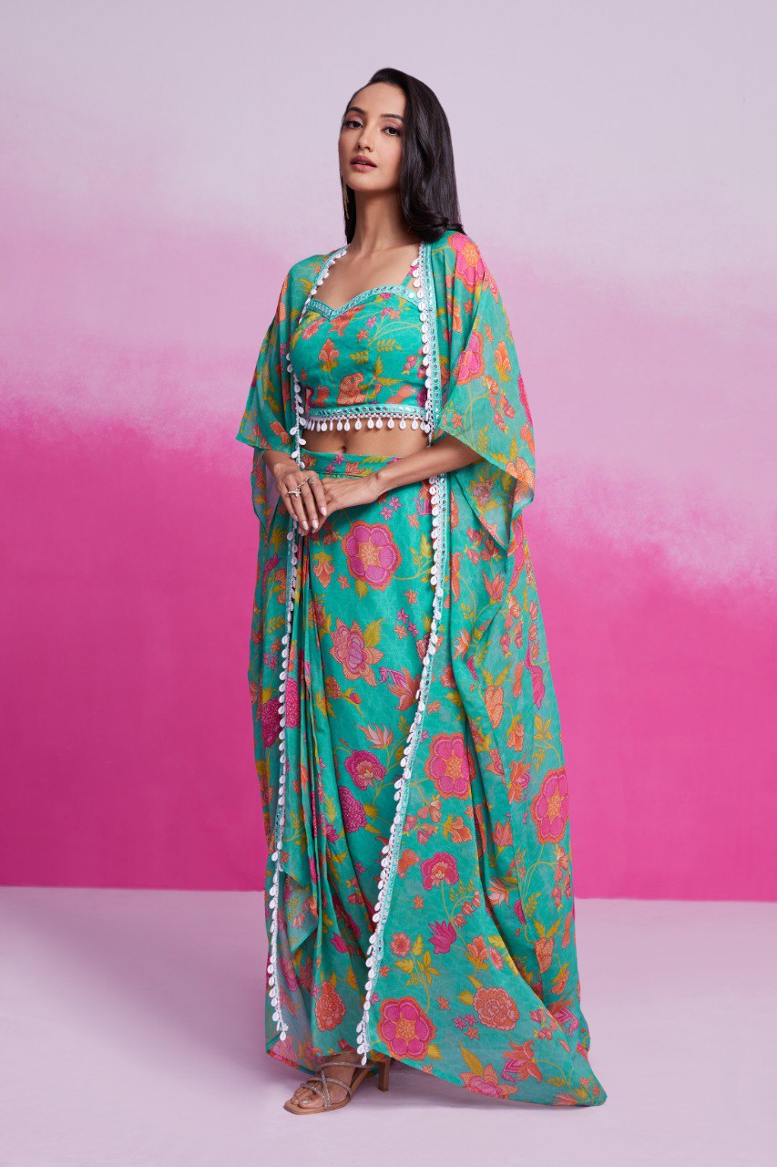 Turquois Color Georgette Printed Co-ord Set