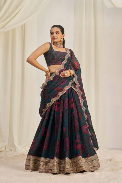 Blue Color Organza Printed Sequence Lehenga Choli