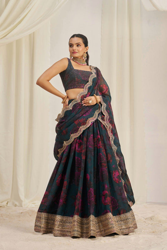 Blue Color Organza Printed Sequence Lehenga Choli