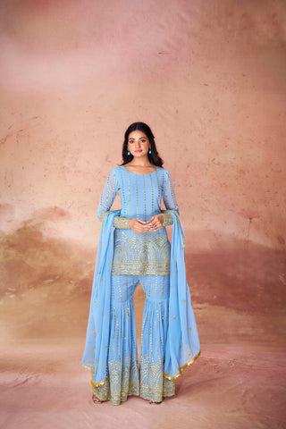 Latest Blue Color Georgette Sequence Sharara Suit