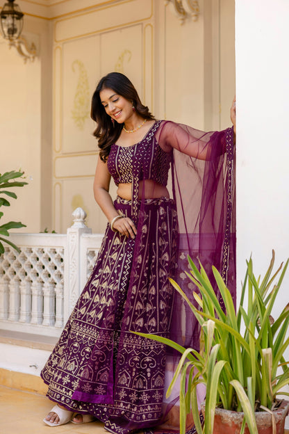 Wine Color Georgette Sequence Lehenga Choli