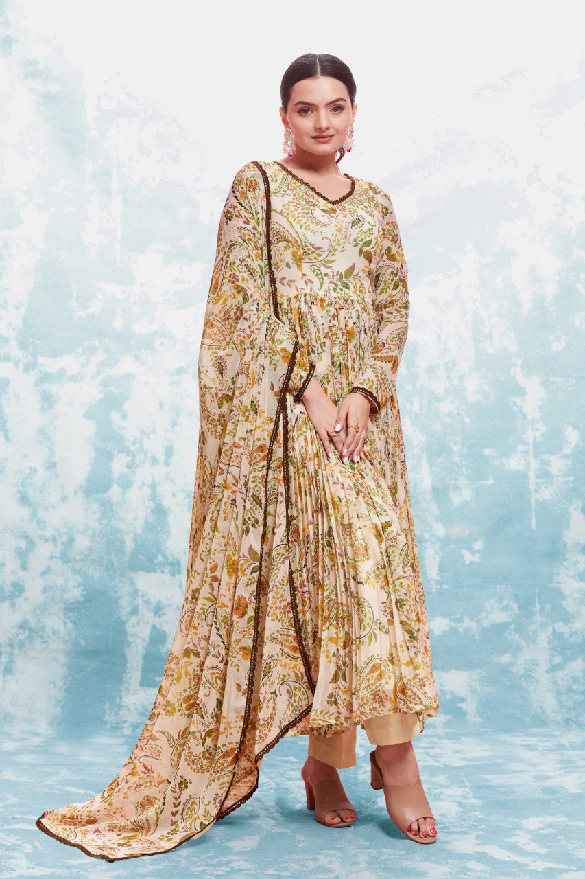 Cream Color Chiffon Digital Printed Anarkali Top Pant Dupatta