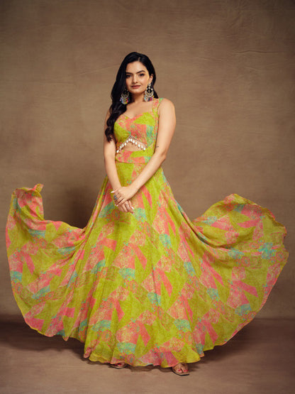 Green Color Georgette Digital Printed Gown