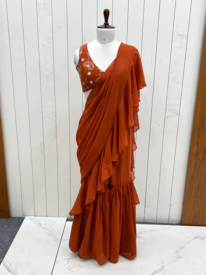 Rust Color Georgette Sequence Ready to wear Plazo Saree
