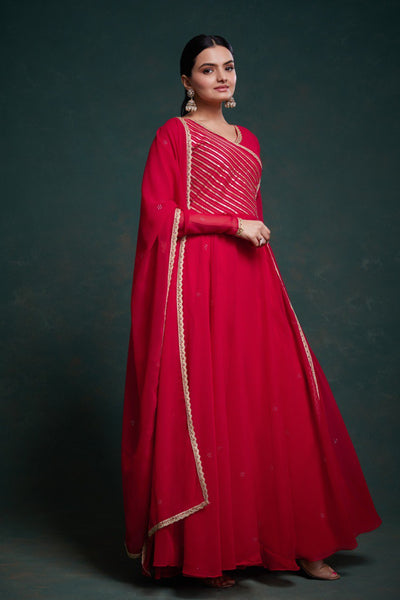 Party Wear Red Color Georgette Gotta Pattii Gown