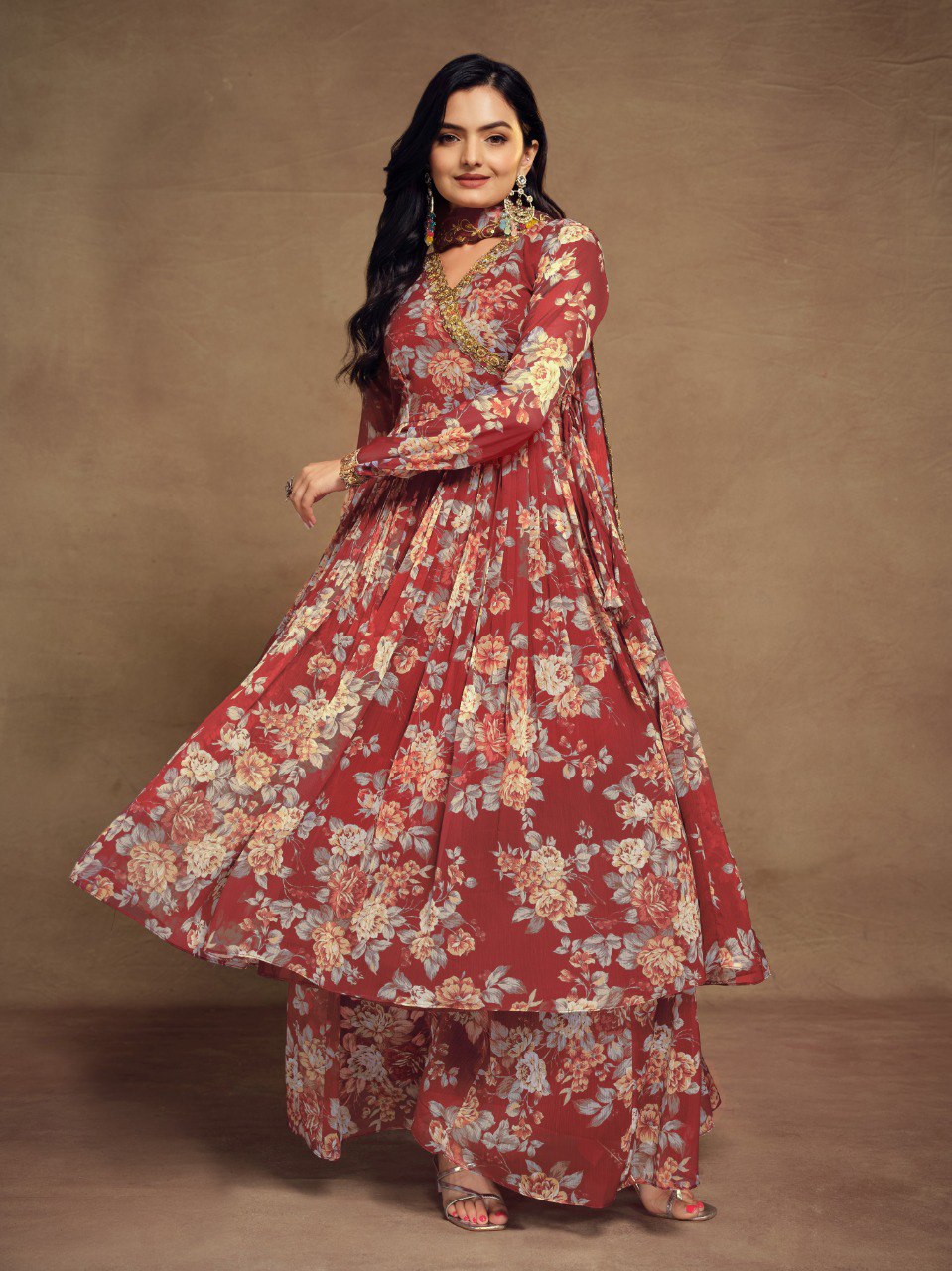 Red Color Chiffon Embroidered Zari Plazo Top Dupatta