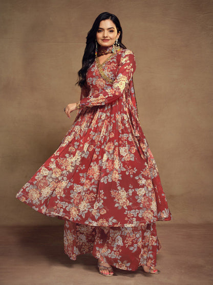 Red Color Chiffon Embroidered Zari Plazo Top Dupatta