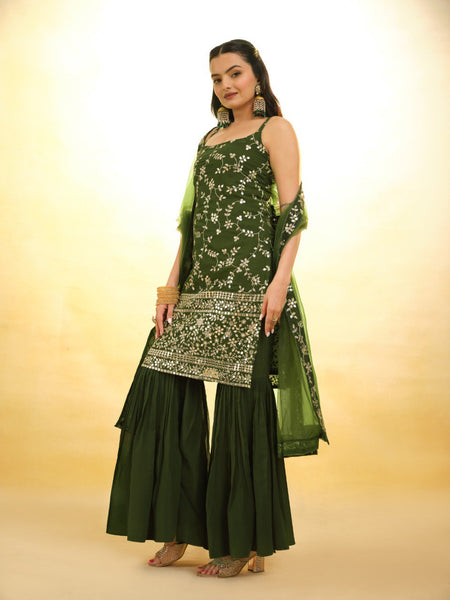 Green Color Embroidered Georgette PLazo Suit