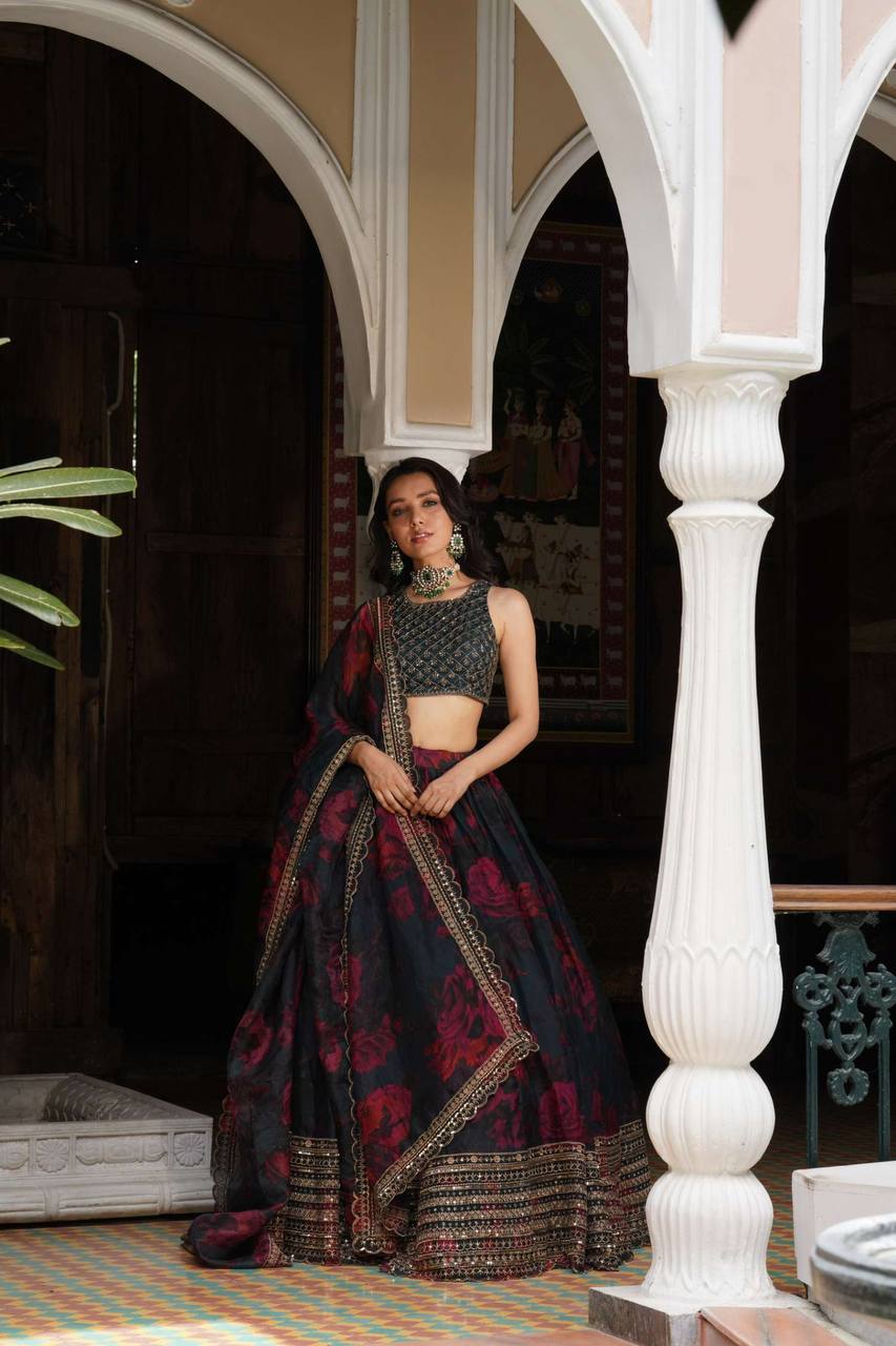 Black Color Tabby Organza Sequence Lehenga Choli