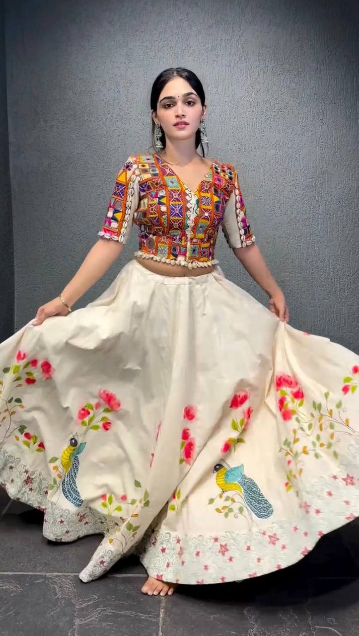 Off White Color Rayon Real Mirror Lehenga Choli
