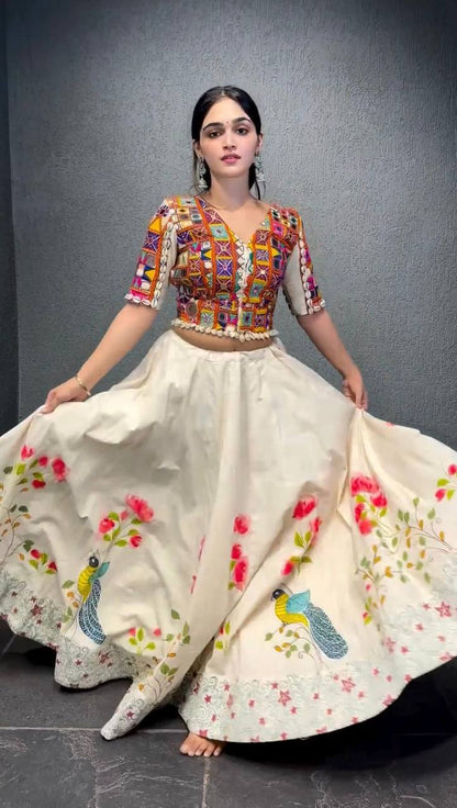 Off White Color Rayon Real Mirror Lehenga Choli