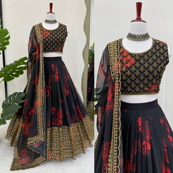 Black Color Organza Printed Sequence Lehenga Choli