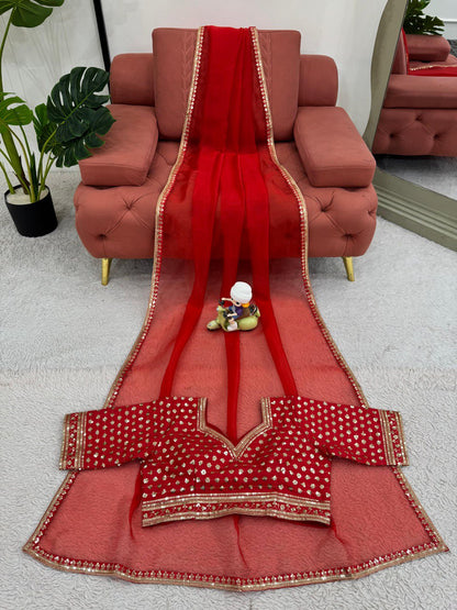 Organza Silk Saree with All-Over Thread & Sequin Work and Matching Blouse