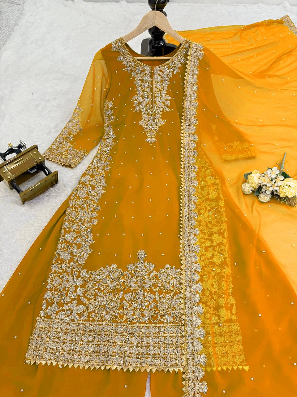 Faux Georgette Dress with Coding & Sequence Work | 3-Piece Plazo Suit