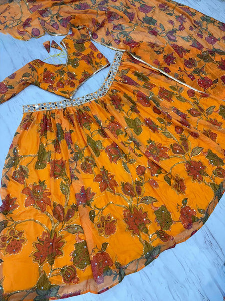 Vibrant Orange Floral Taby Silk Lehenga Choli Set
