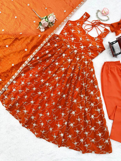 Orange Heavy Fendy Silk Anarkali Dress with Dupatta | Thread & Sequin Work | Sizes M to XXL