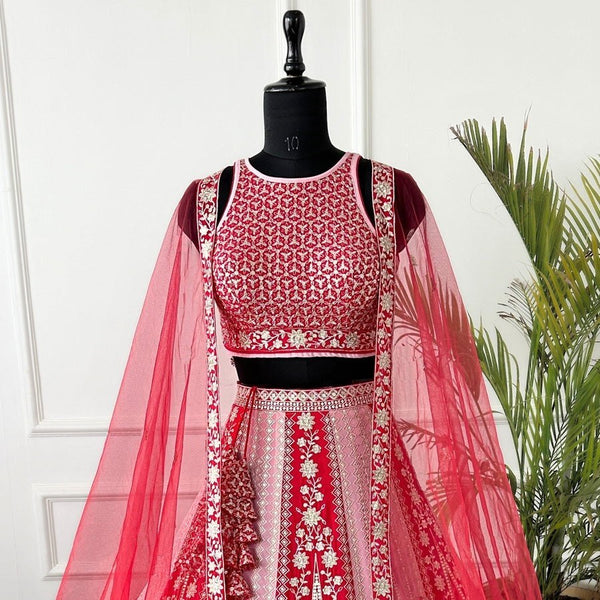 Latest Red Color Embroidery Georgette Lehnega Choli