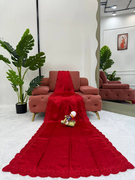 Party Wear RED Color Satin Silk Sequence Thread Work Saree Blouse