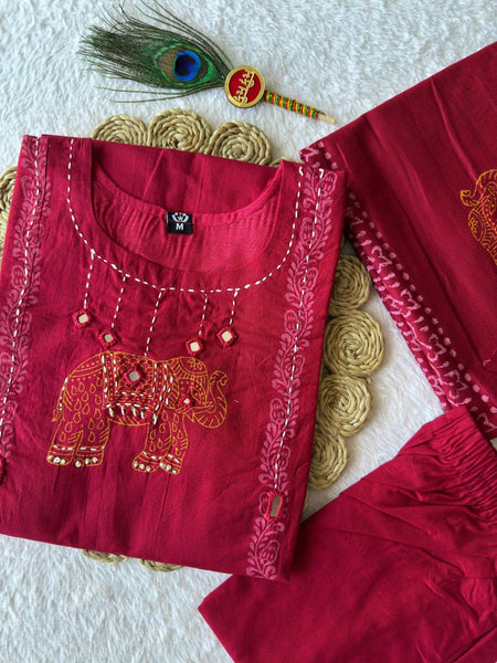 Red Hand Work Roman Silk Kurti Pant Set