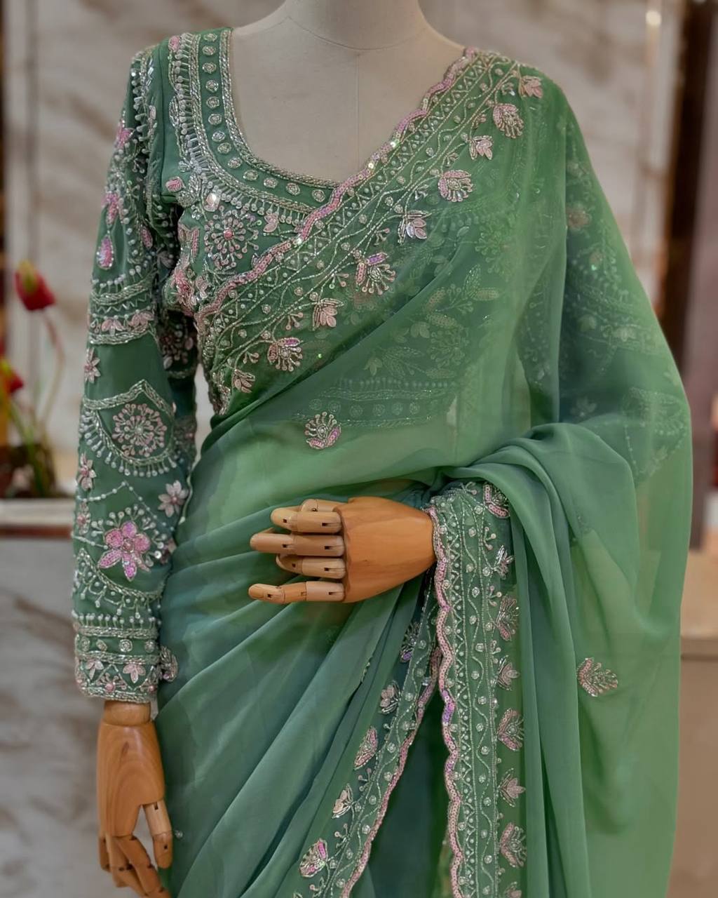 Sea Green Georgette Saree Blouse